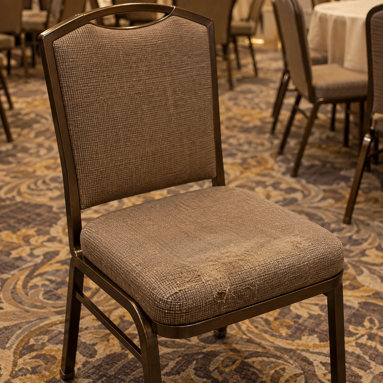 A worn, stained banquet chair seat before reupholstery