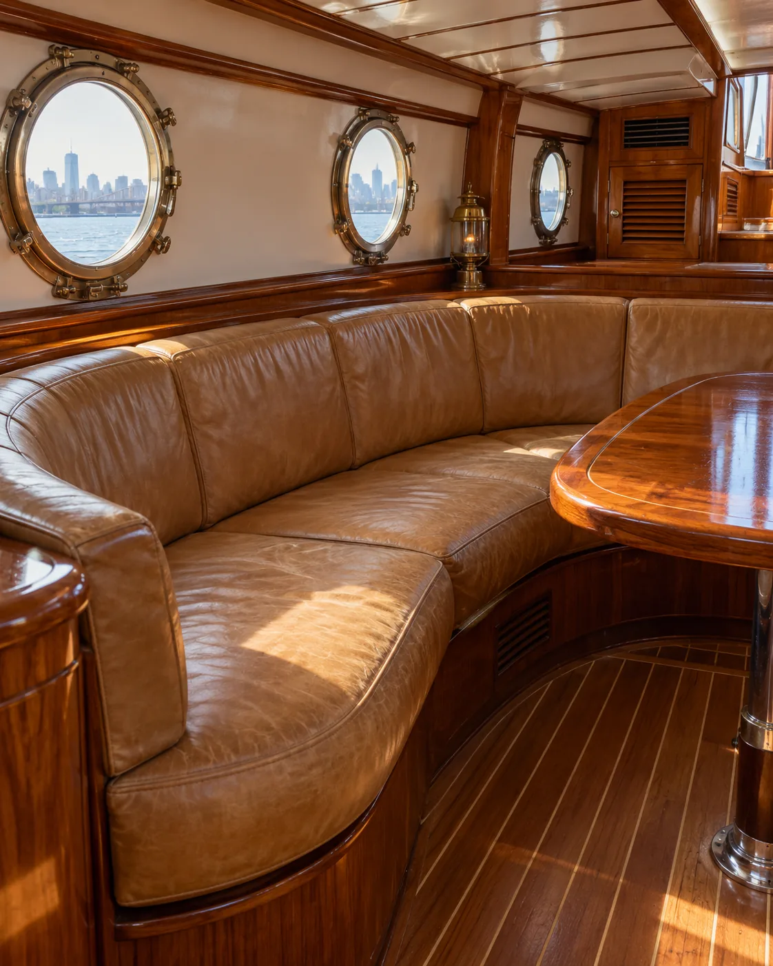A yacht settee in faded dried leather