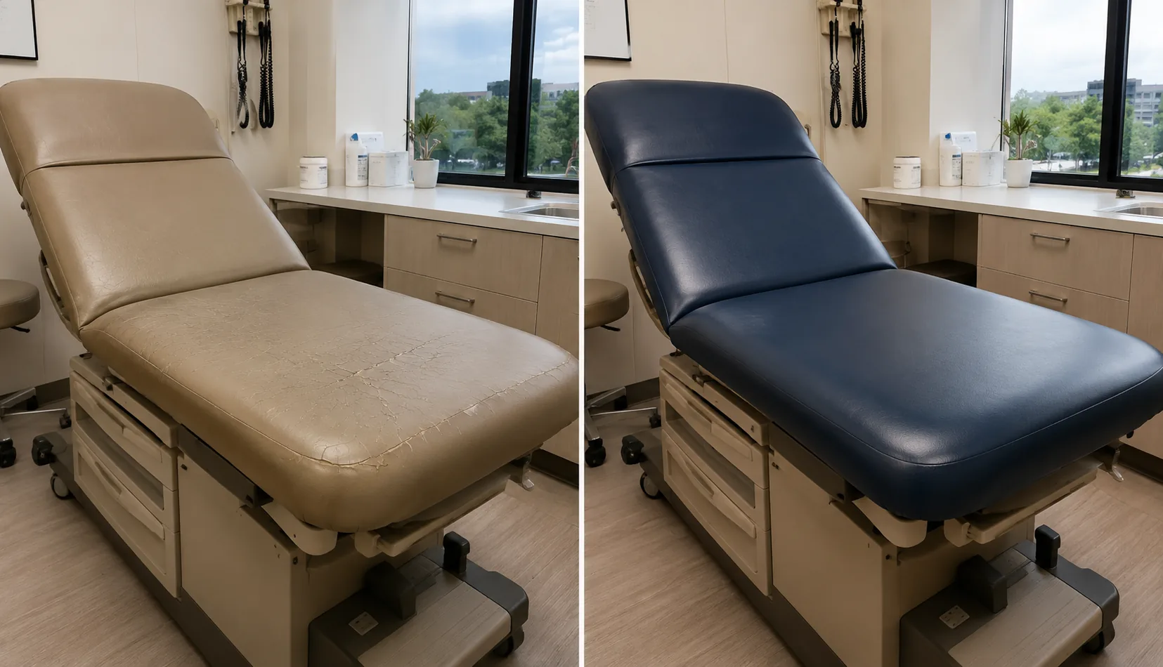 A beige exam table beside the same table reupholstered in navy vinyl
