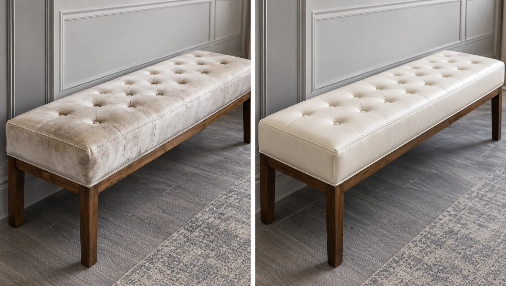 Cream deep-buttoned bench, before and after: grey-brown soiling through the buttoning, then an even cream surface