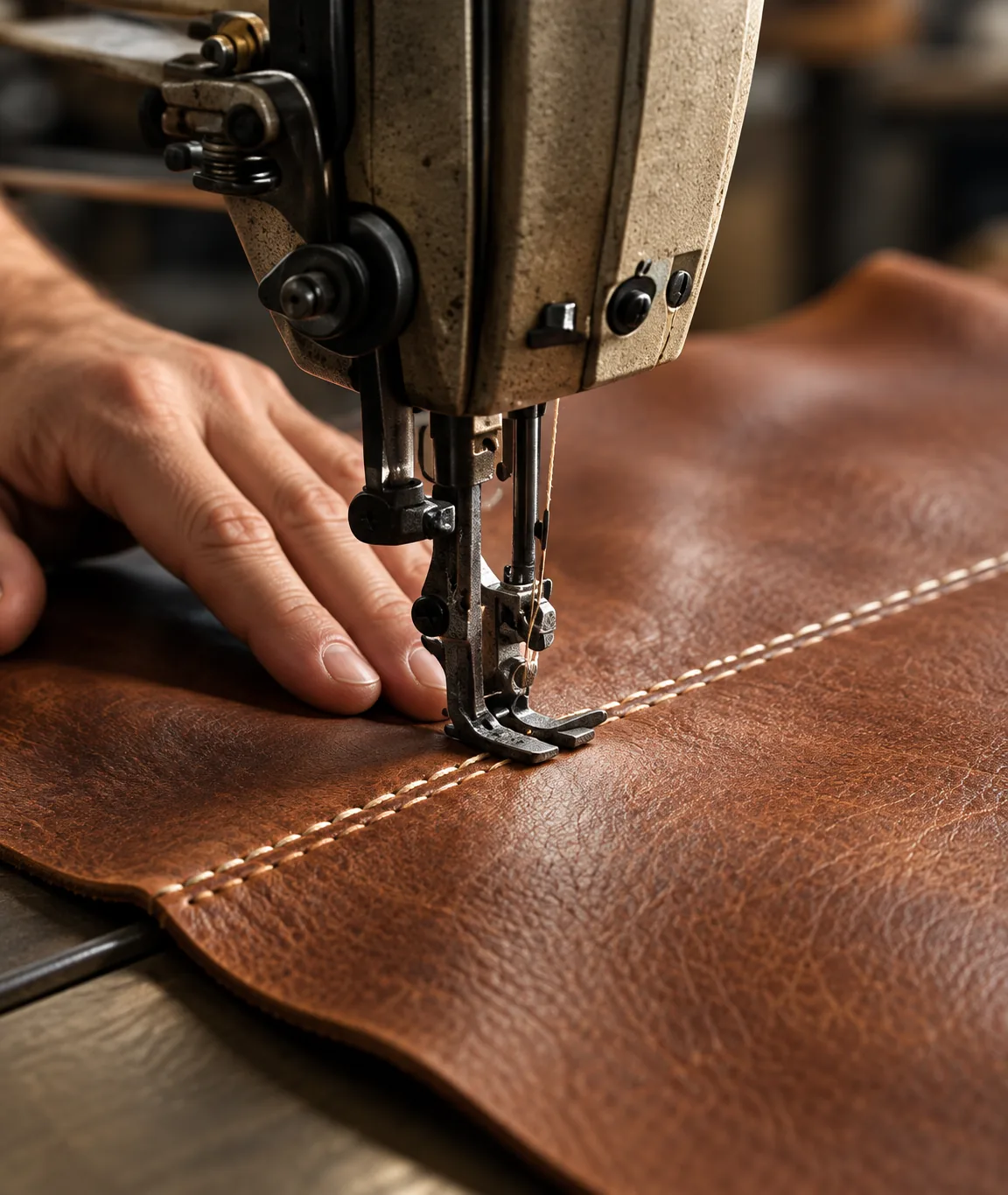 Bench cover panel being machine stitched on a walking-foot machine