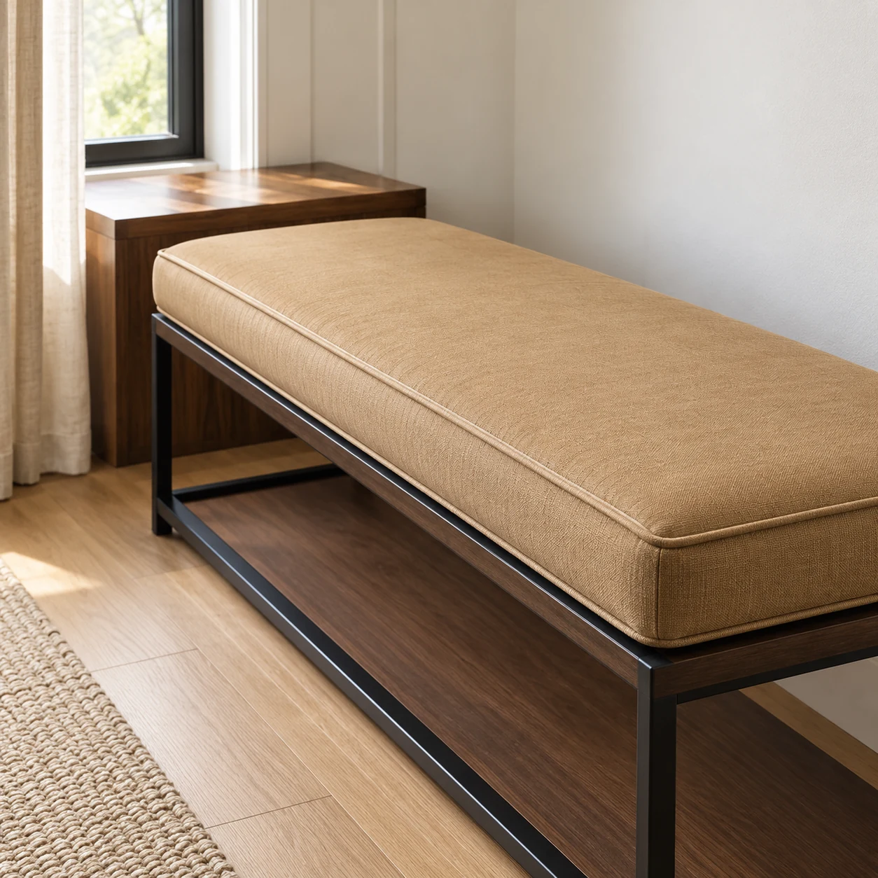 Tan leather bench cushion on a blackened steel frame