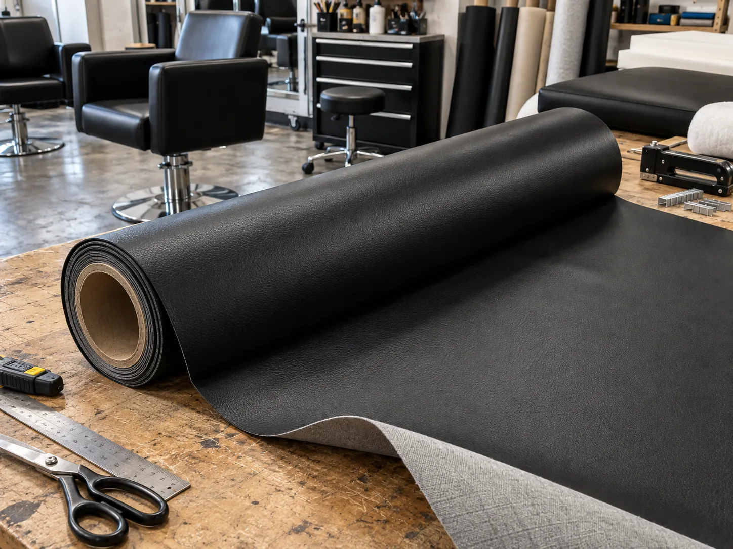 A roll of commercial vinyl for salon chairs