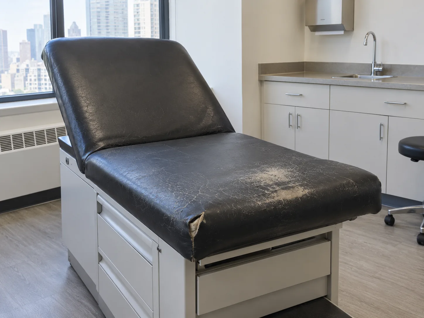 A black exam table top with cracked vinyl and a split corner