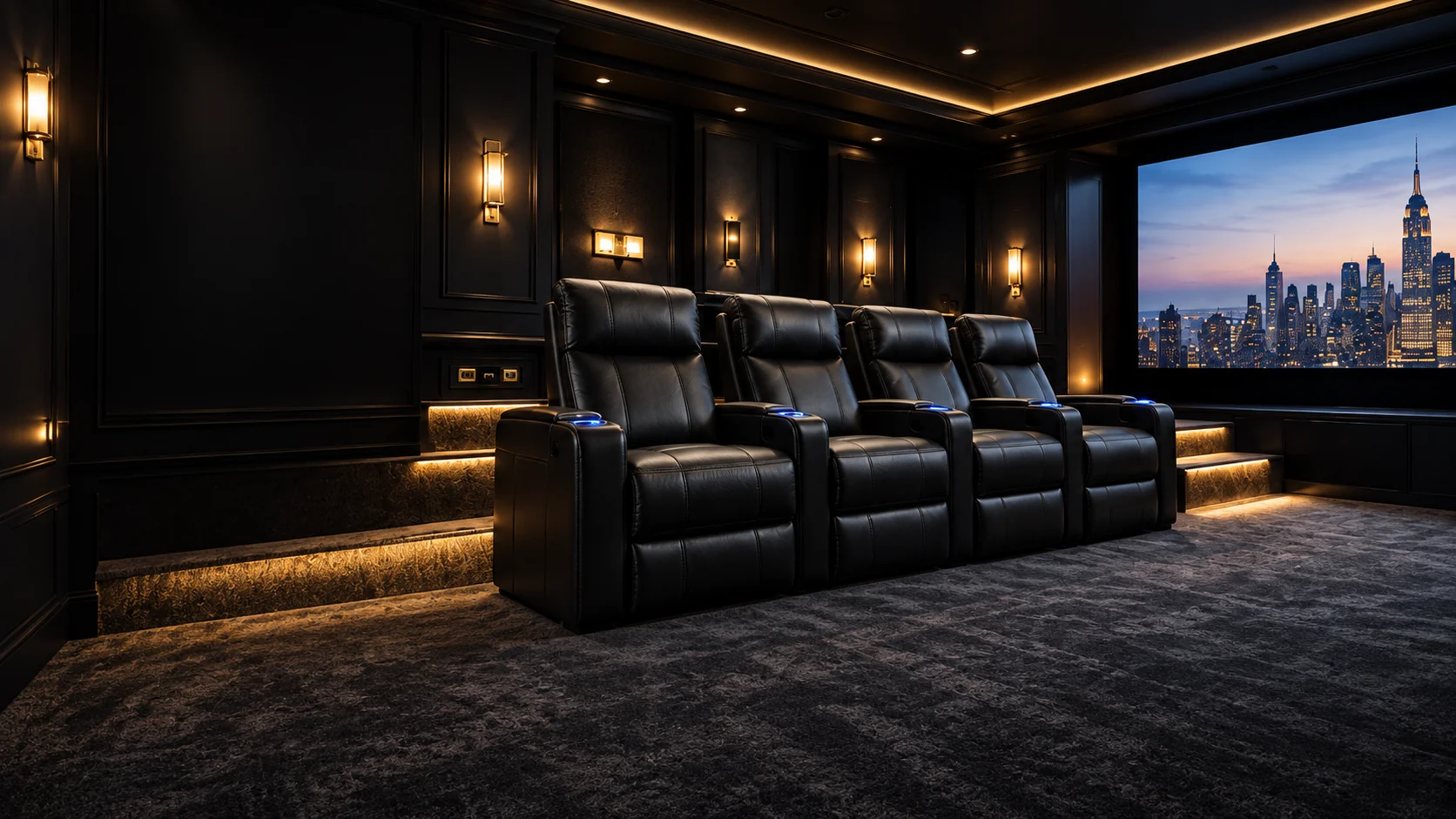 Two tiered rows of black leather home theater seating facing a lit screen in a dark private cinema