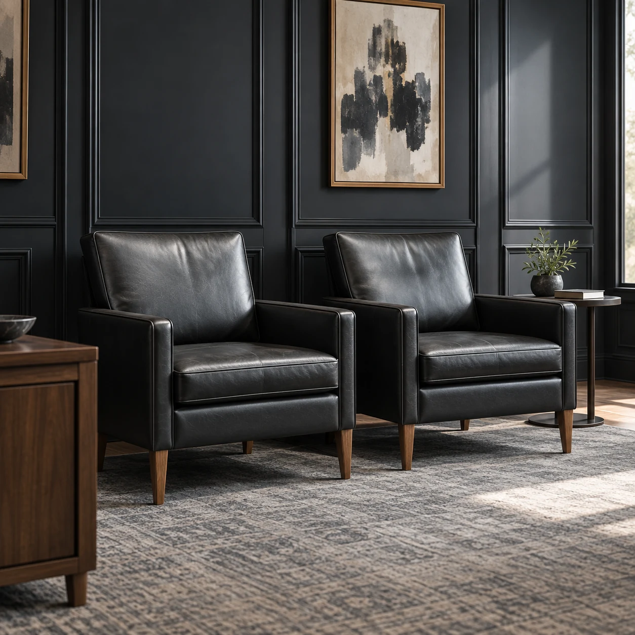 Black leather armchairs against a dark panelled wall