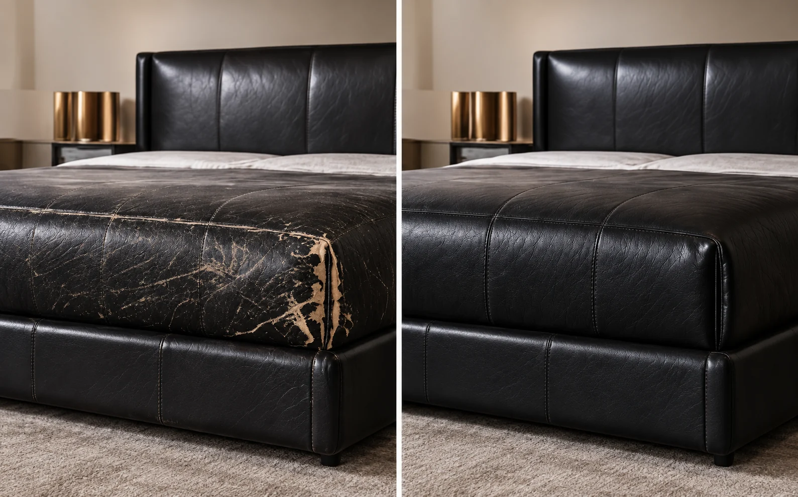 Black leather bed photographed twice from the same angle: the footboard top rail cracked and lifted showing a pale layer, then uniform black after refinishing