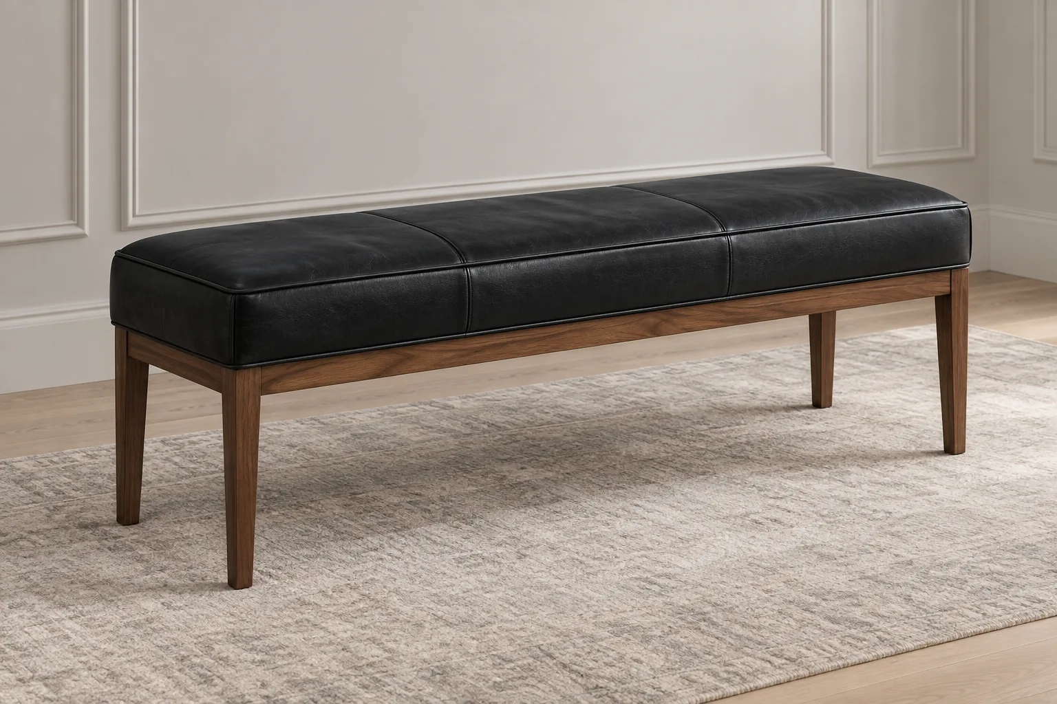 Black leather entryway bench on walnut tapered legs