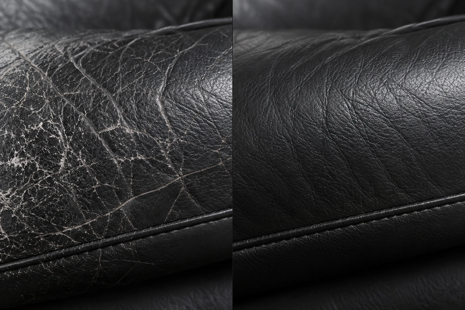 Black leather arm covered in fine cracks on the left, smooth and re-finished on the right