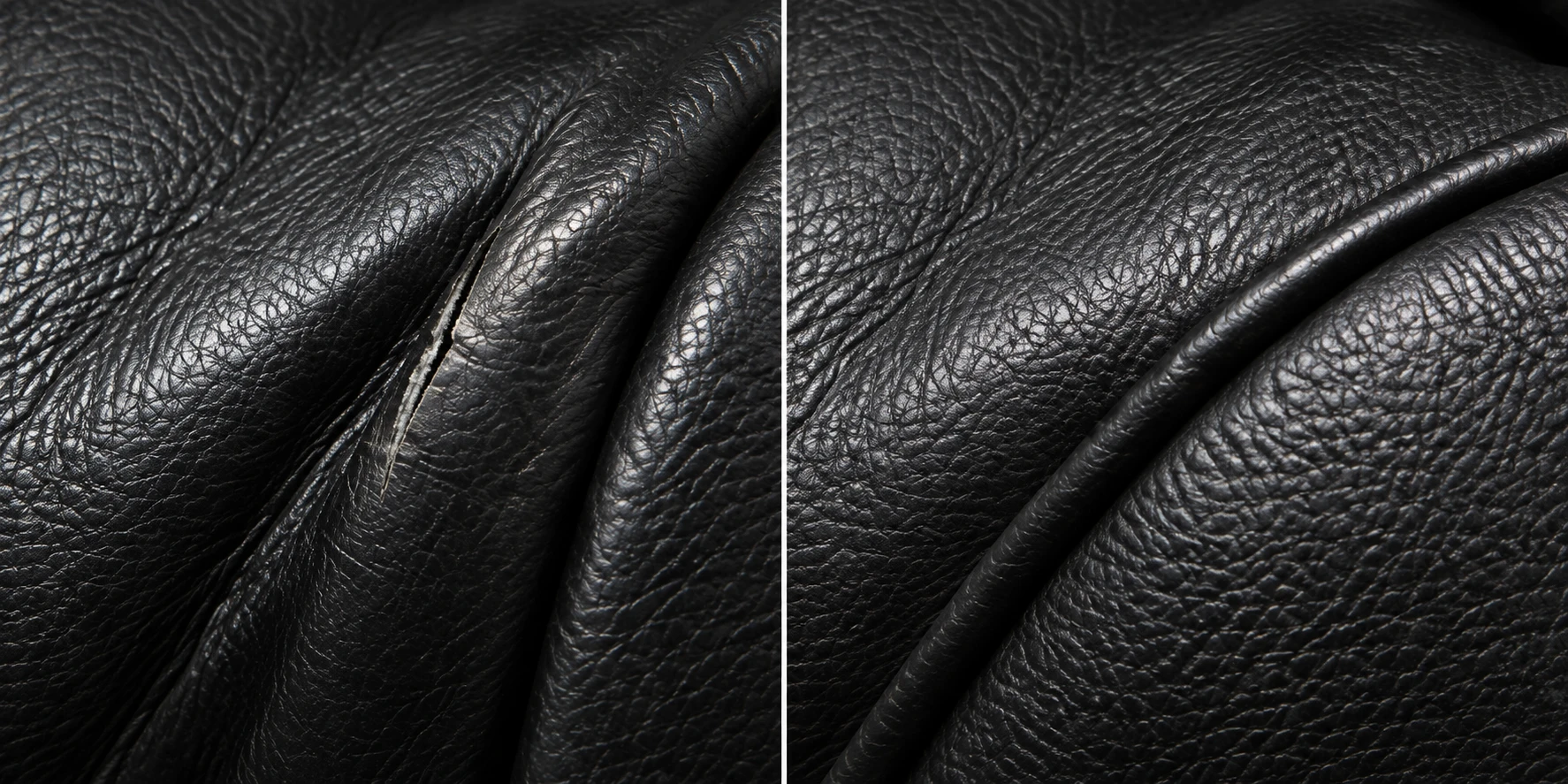 Small cut in black leather before and after repair