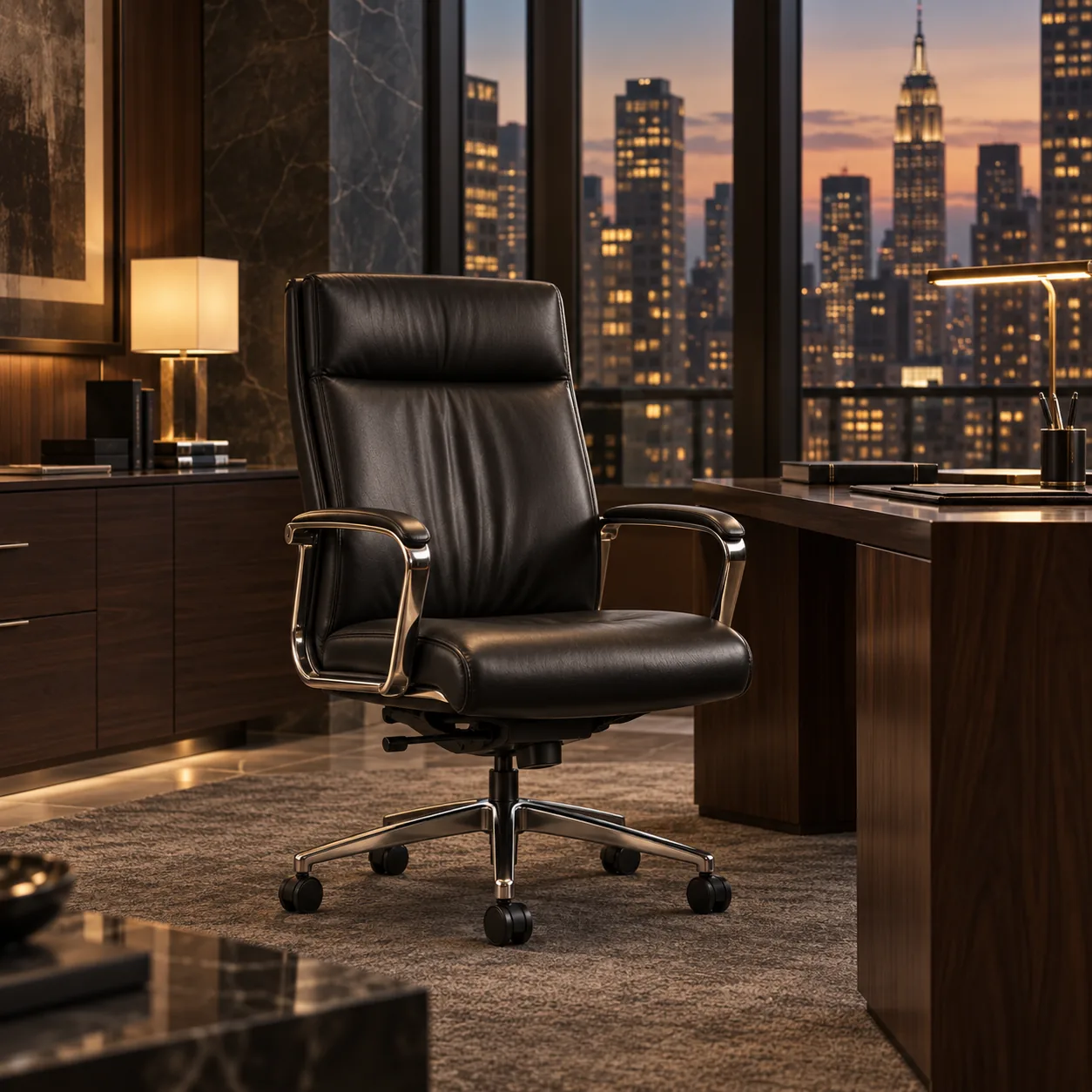 A black leather executive desk chair at a walnut desk in front of a Manhattan skyline window