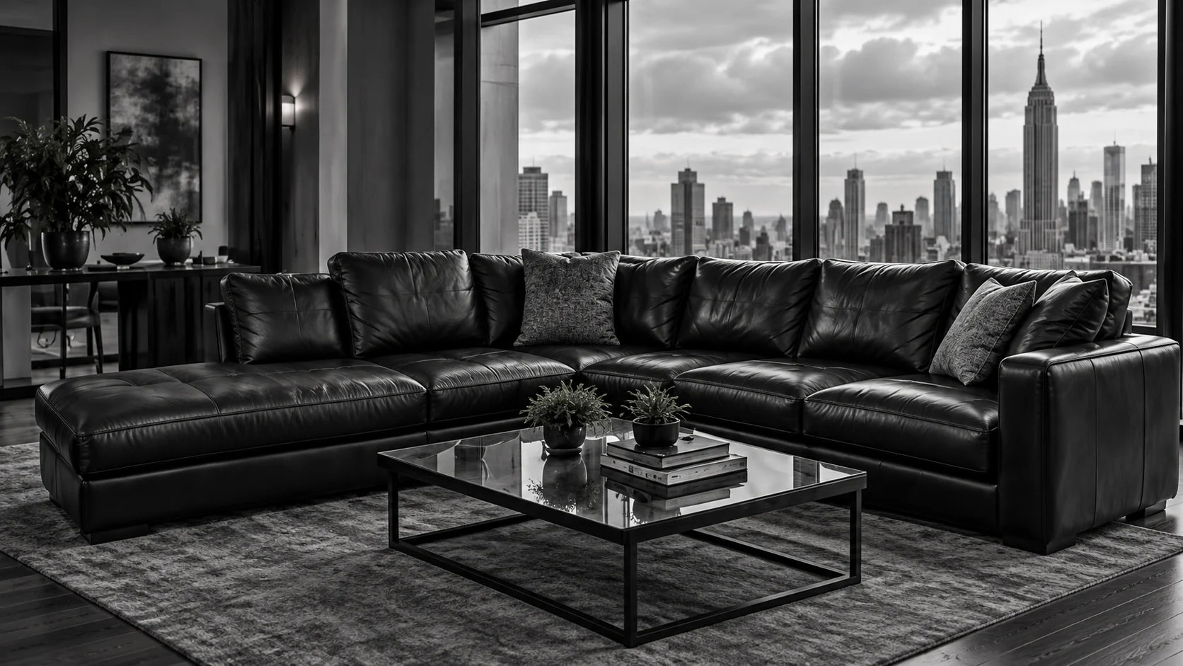 Black leather sectional by tall windows