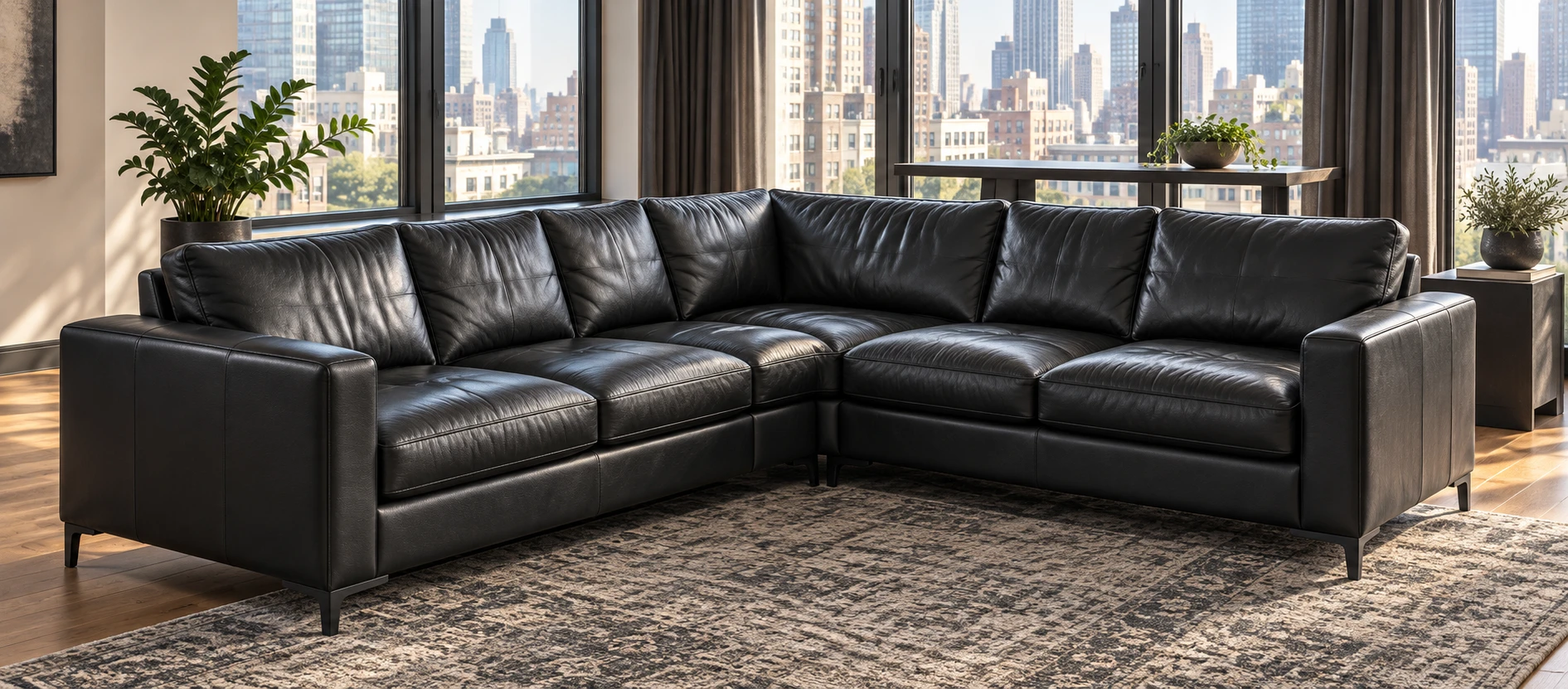 Black leather sectional in an apartment