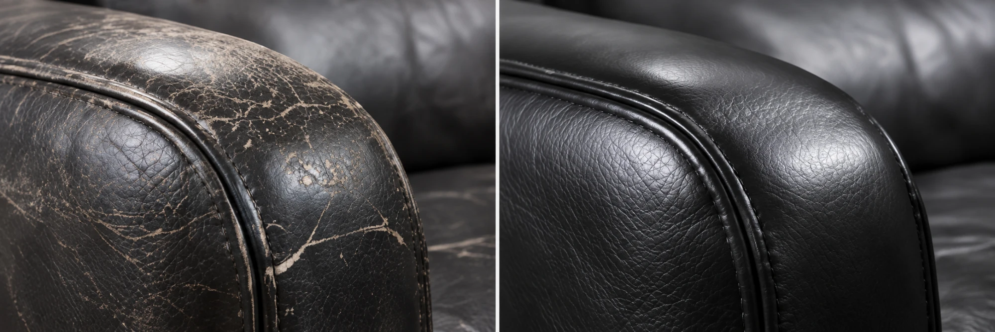 Before and after crack repair on a black leather sofa arm, abraded finish rebuilt and recoloured