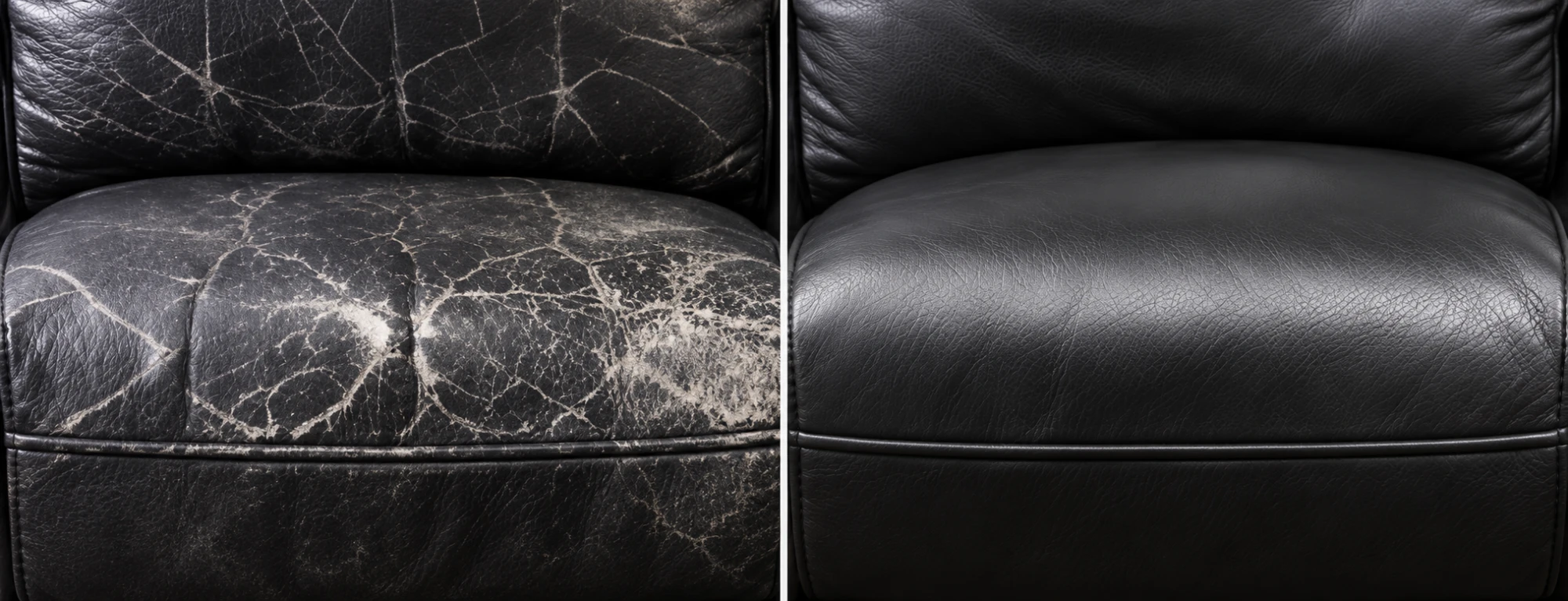 Before and after crack repair and colour restoration on a black leather sofa seat and back