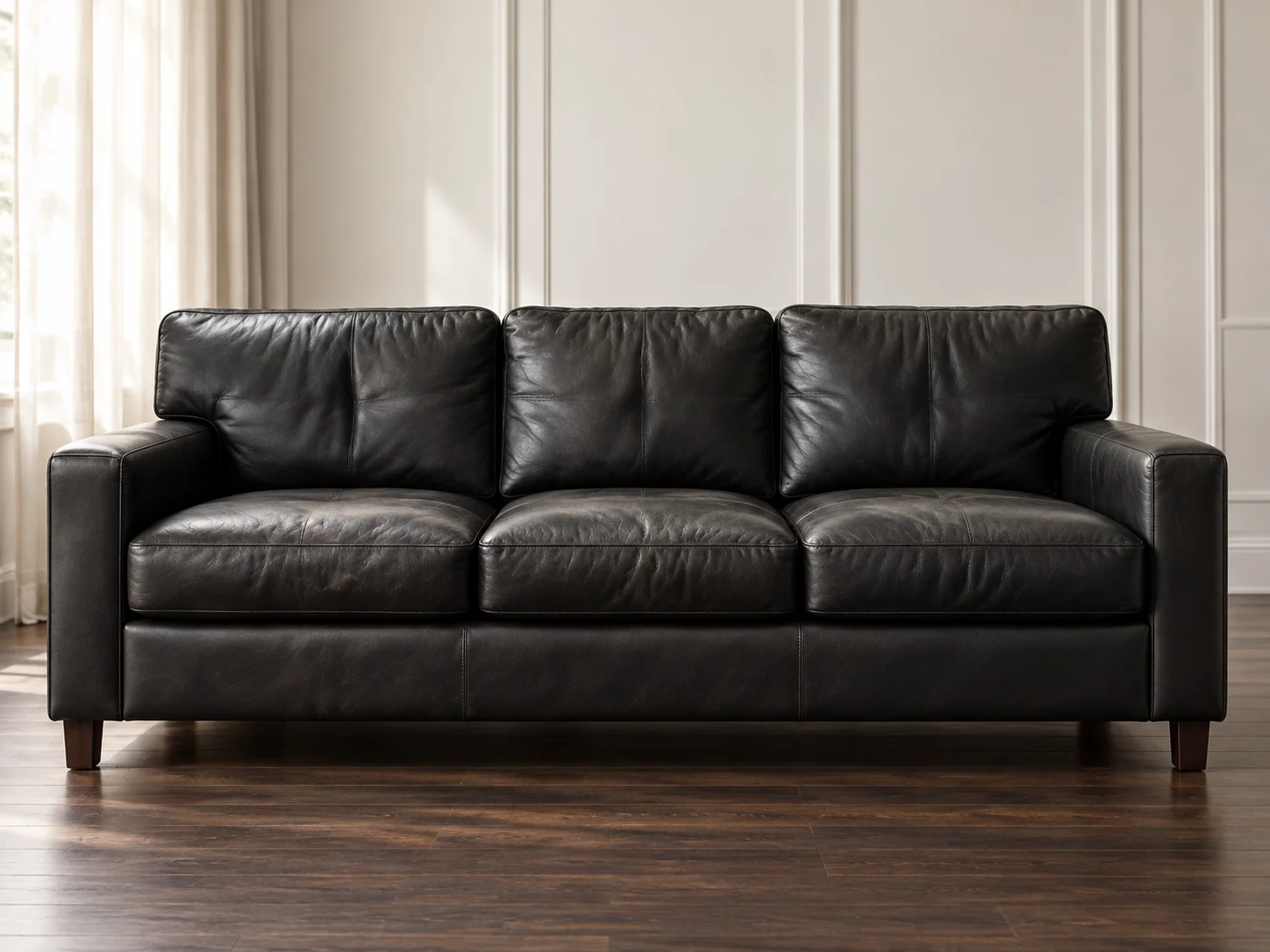Black three-seat leather sofa in a panelled New York living room