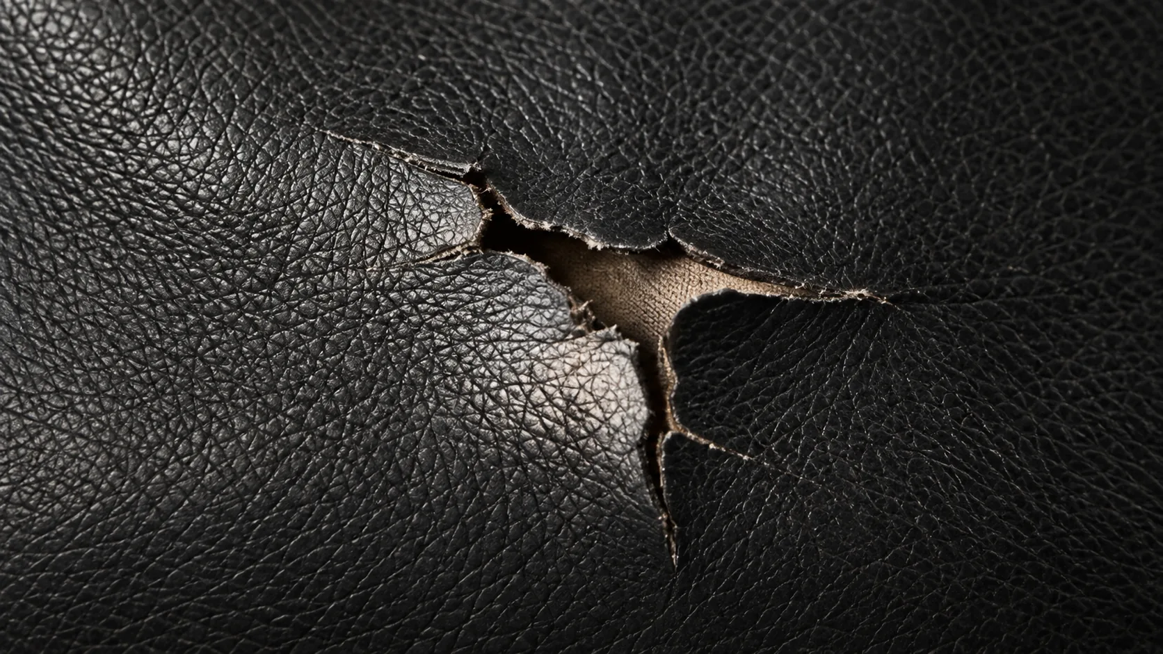 A torn hole in black leather with the pale backing showing through