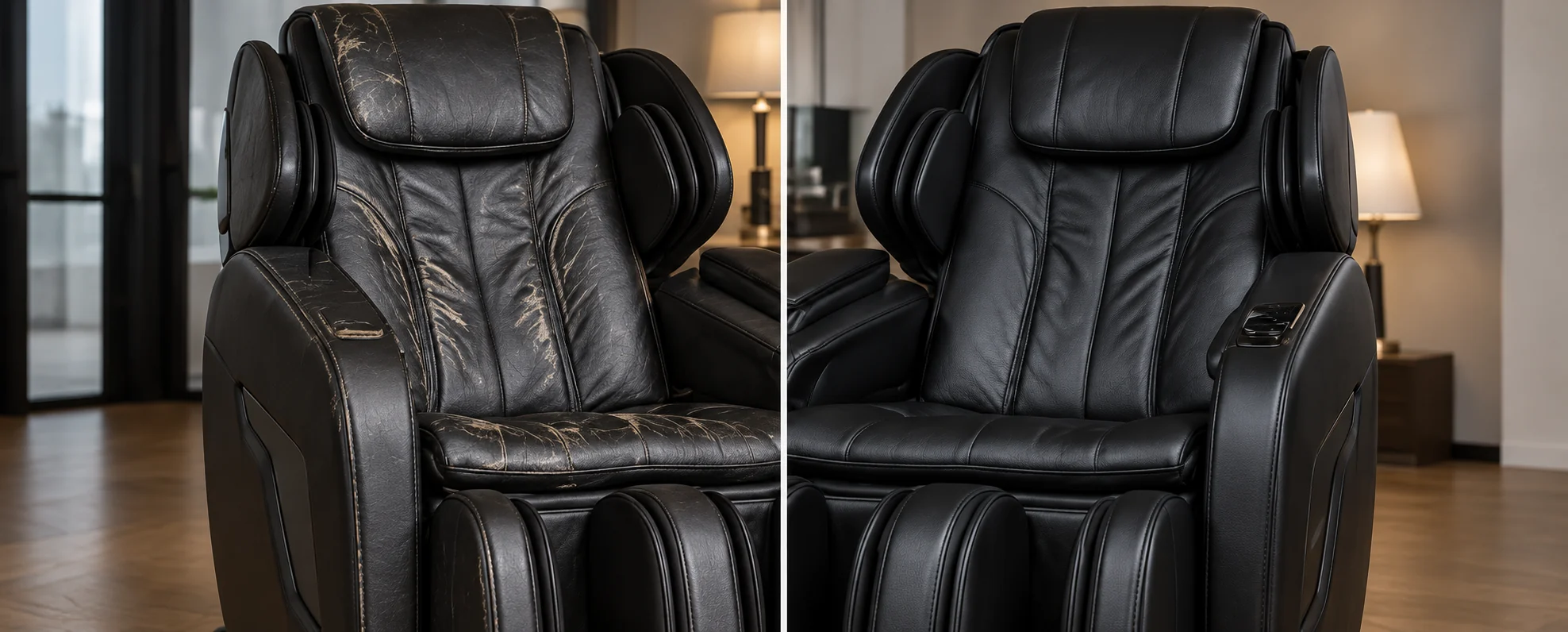 An ivory leather massage chair before and after restoration, shown side by side