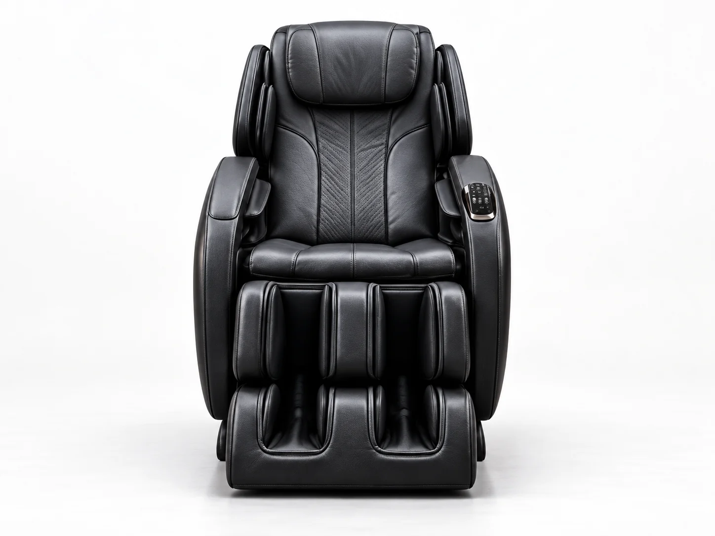 A black leather massage chair photographed square on against a plain white background
