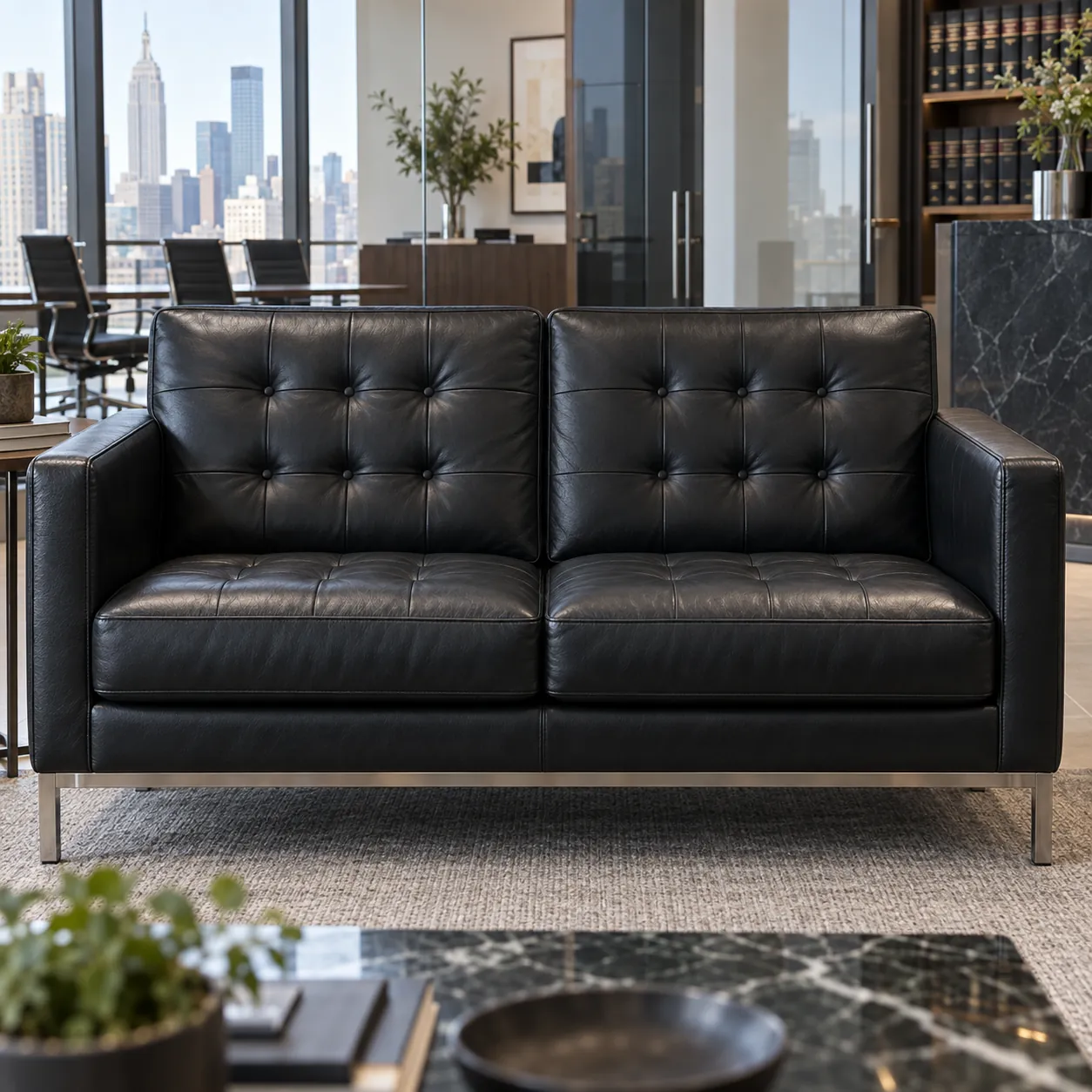 After: the same black tufted leather sofa repaired, color and finish even