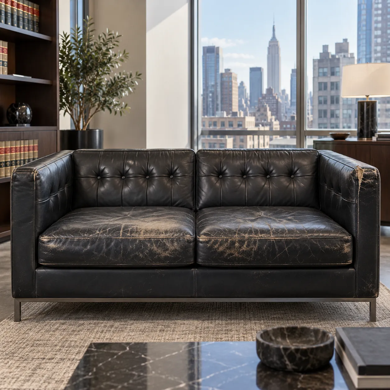 Before: a black tufted leather sofa in an office, worn and cracked