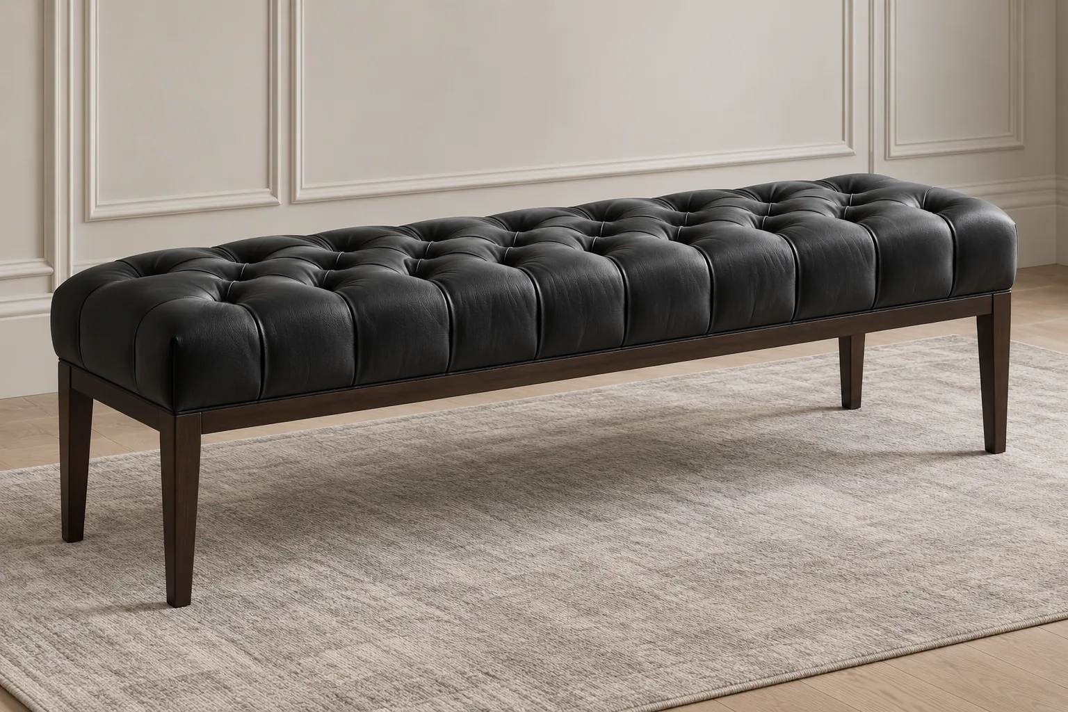 Long black bench deep-buttoned across the top on dark wood legs