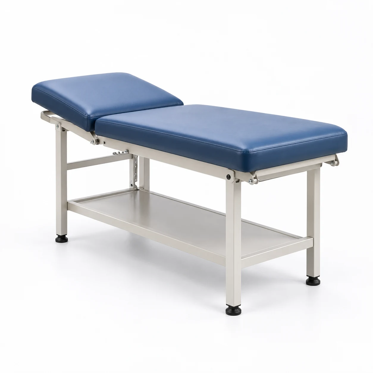 Two-section medical exam table in blue vinyl