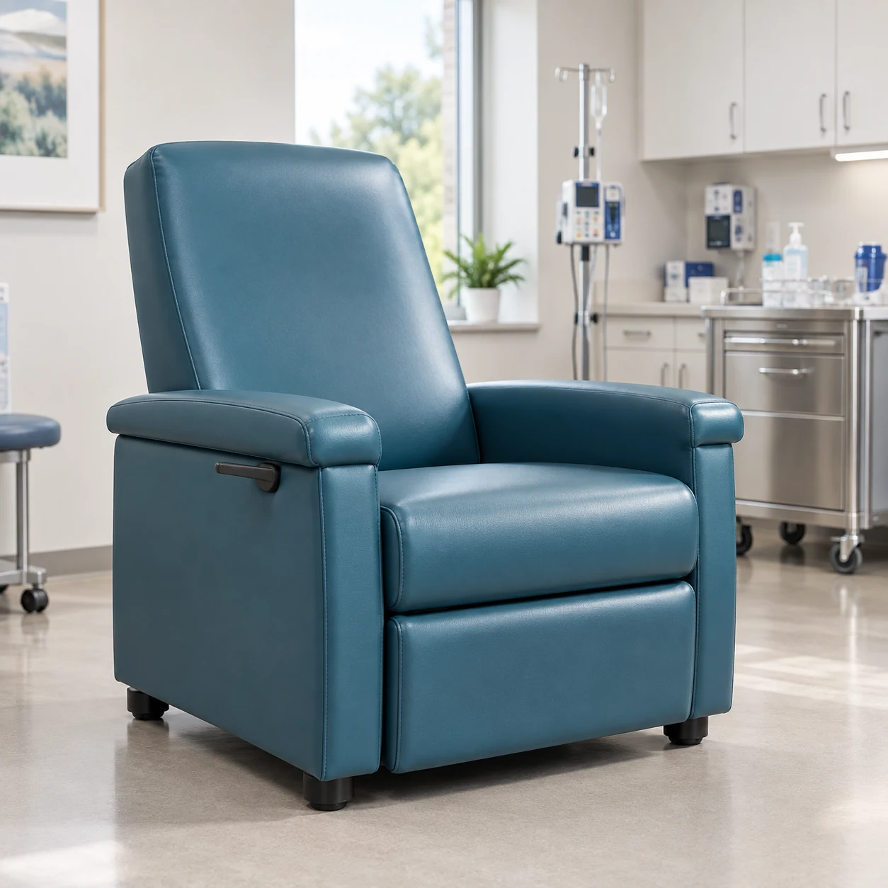 Blue vinyl medical recliner back in the treatment room