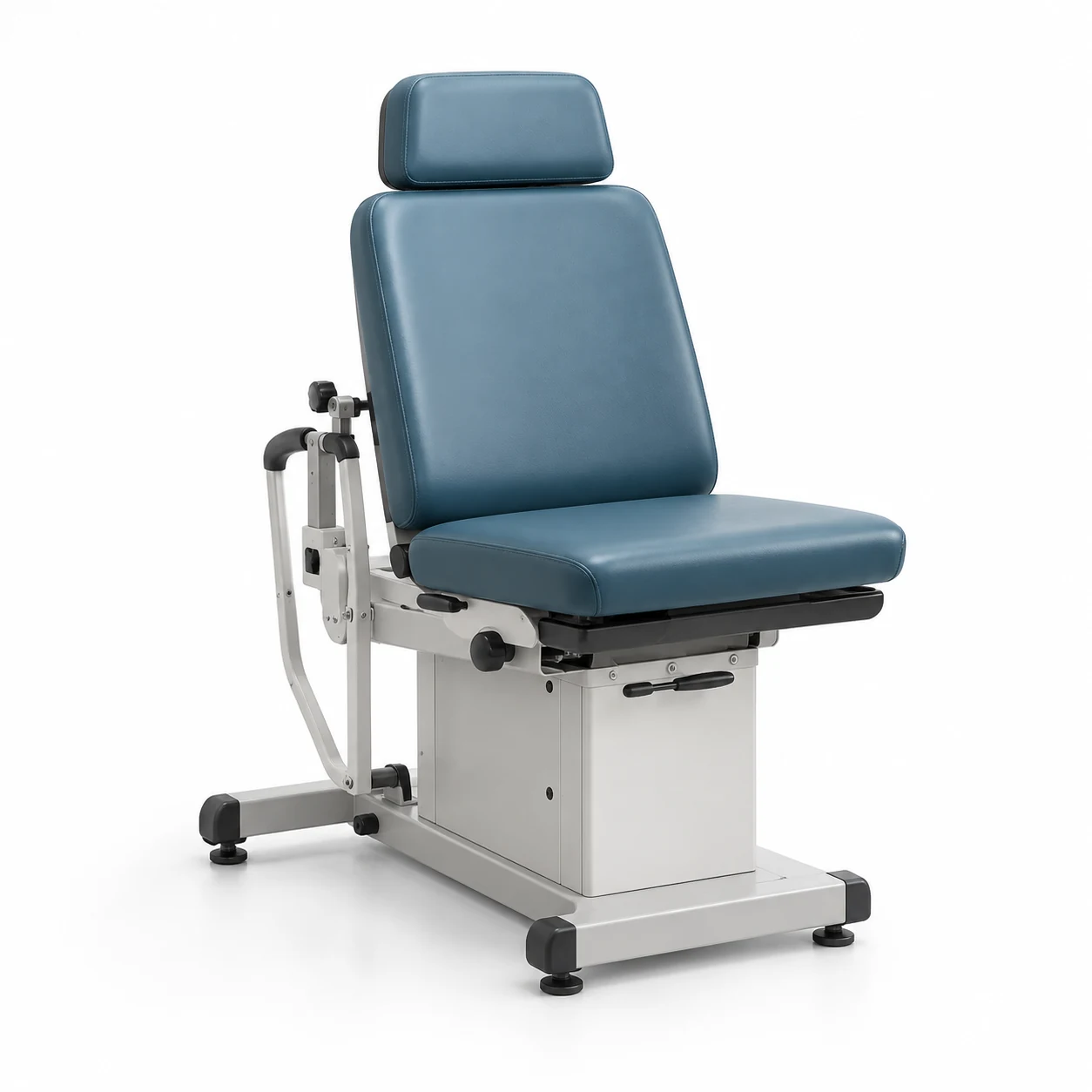 Podiatry chair reupholstered in blue vinyl with split leg sections