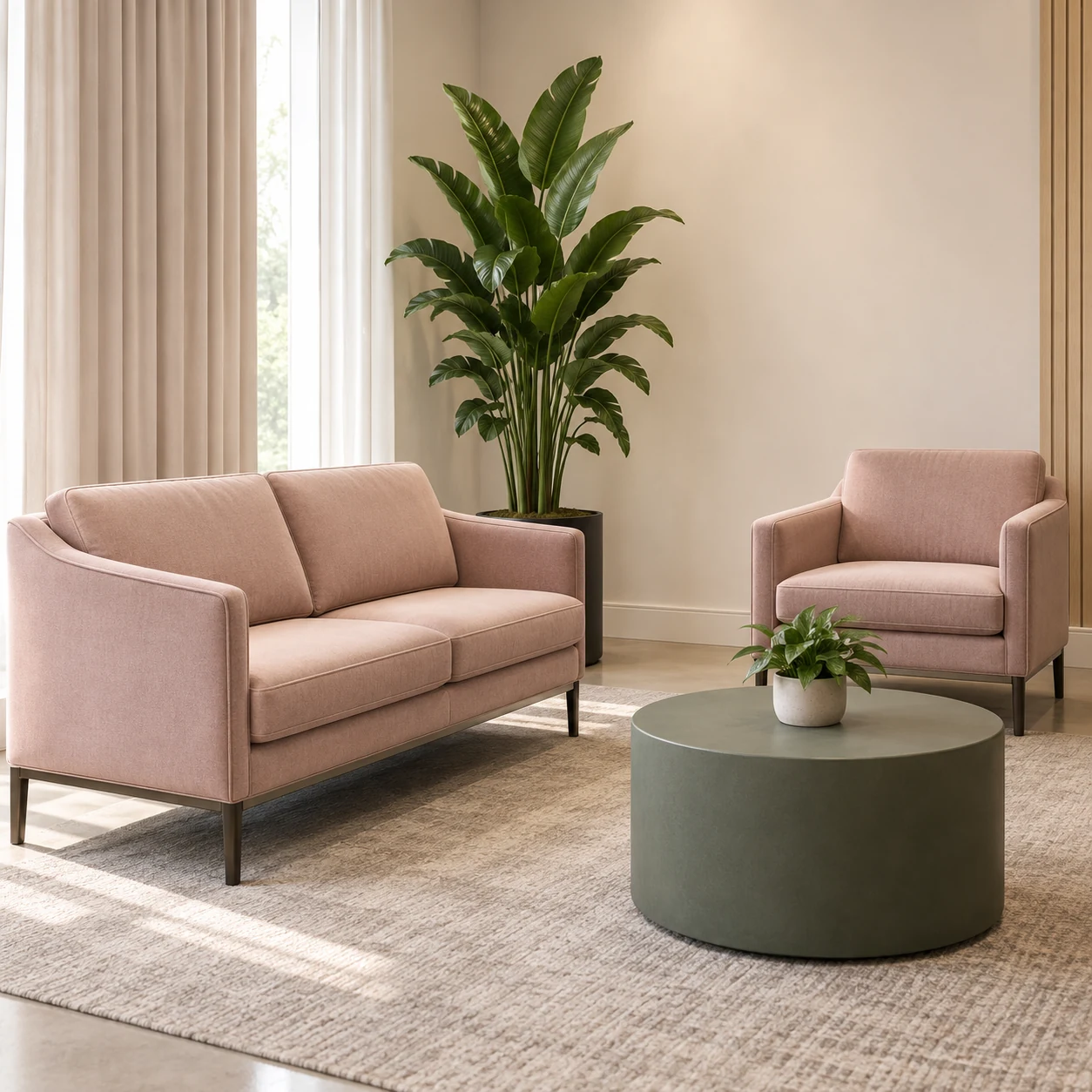 Blush loveseat and matching chair in a reception area