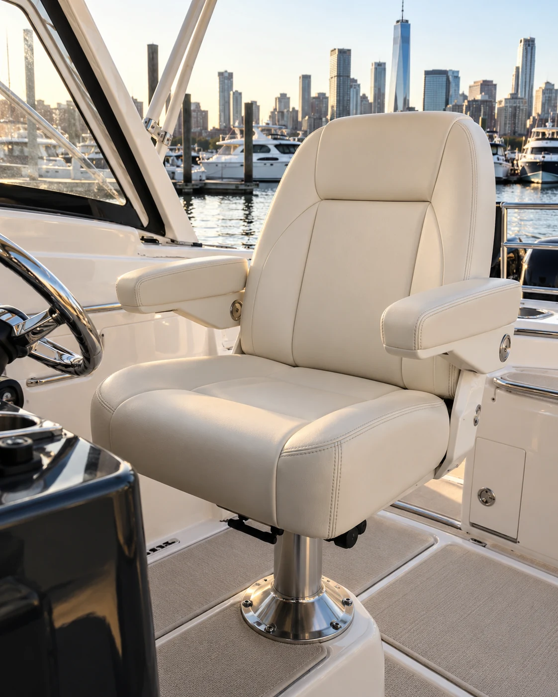A boat captain chair with flip-up armrests