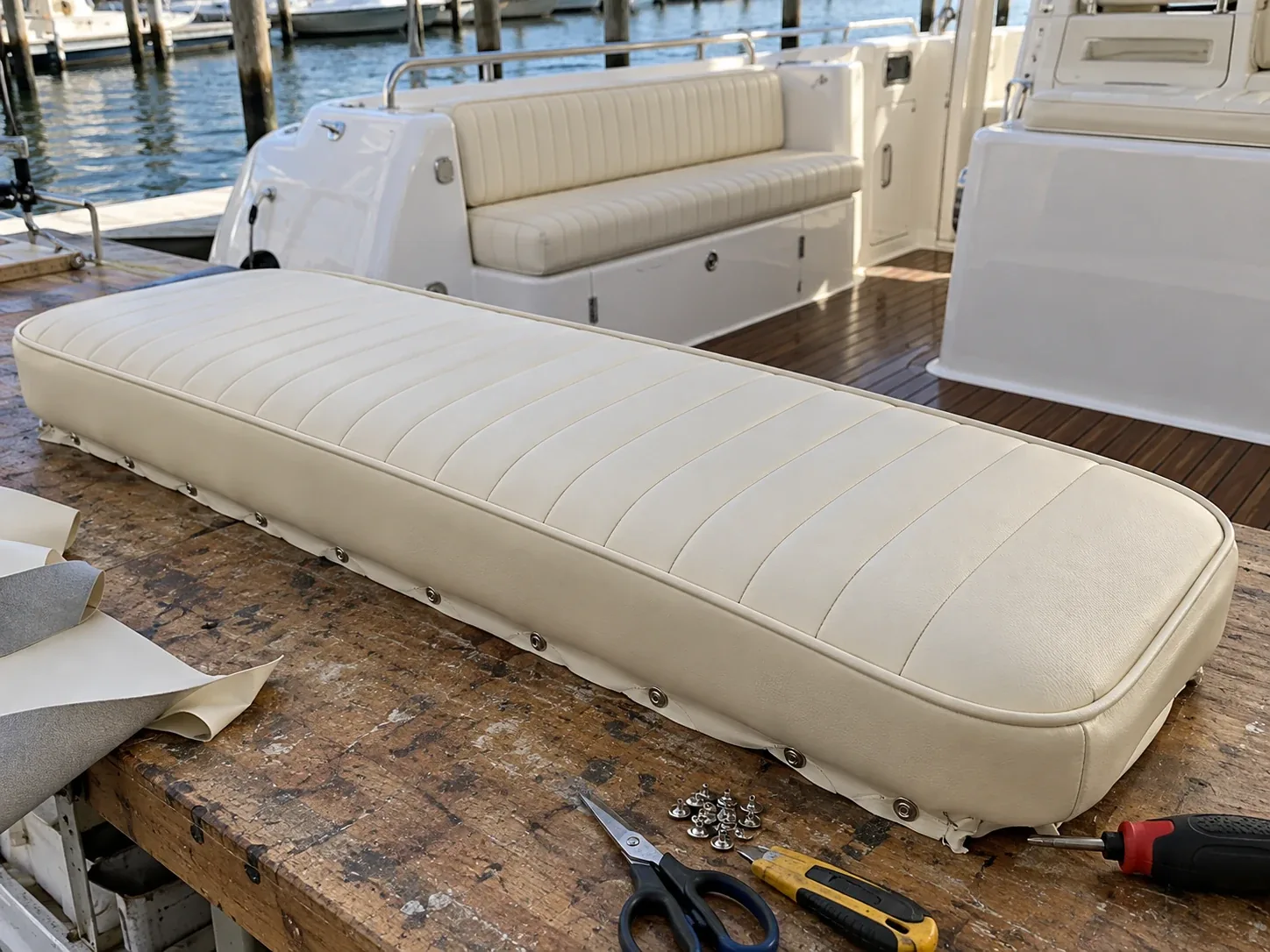 A new boat cover pulled over foam and fastened underneath