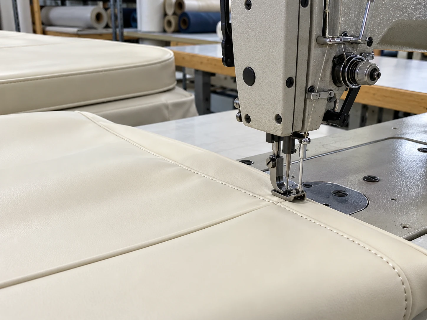 A boat cushion cover being sewn with UV-resistant thread