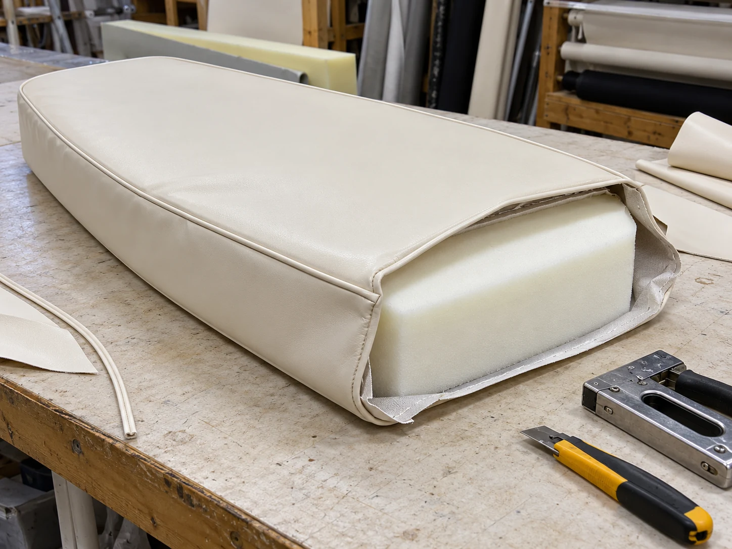 Reticulated foam being fitted and wrapped for a boat cushion