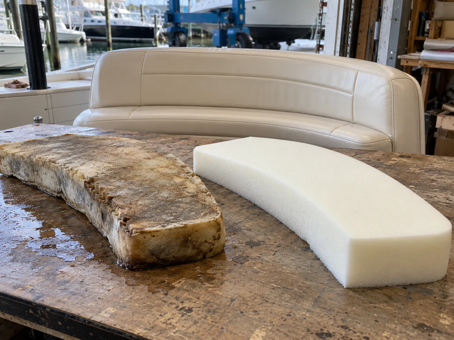 Waterlogged boat cushion foam beside a new dry-fast block