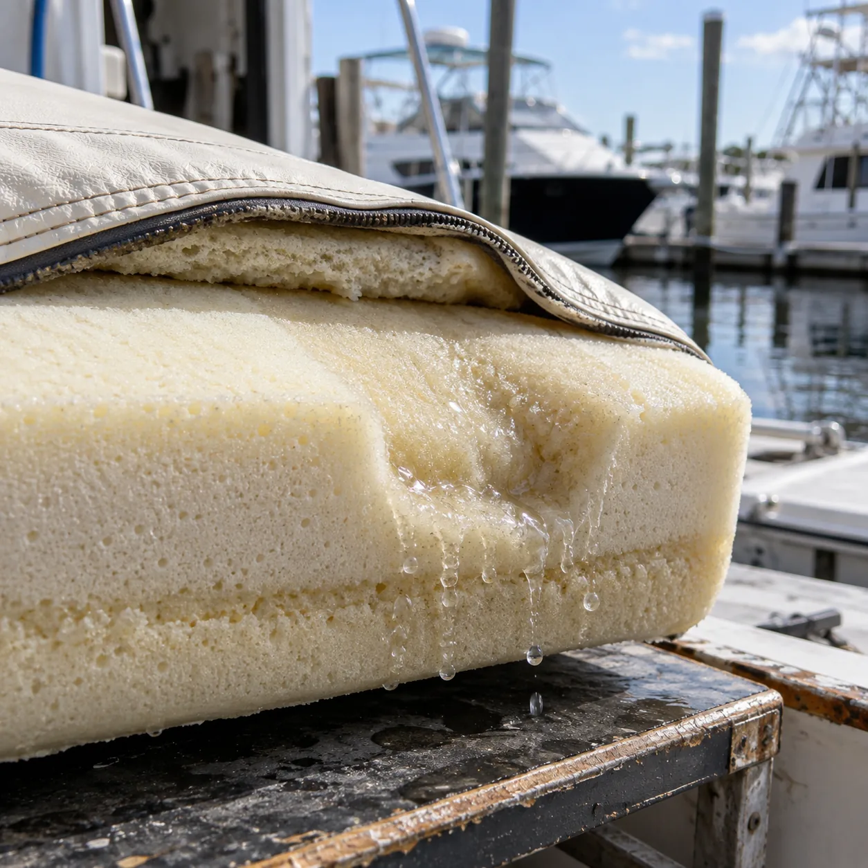 Water beading out of a boat cushion when pressed