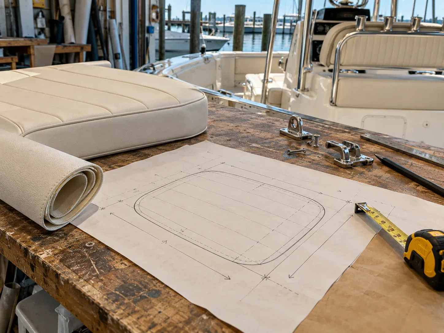 Cushion dimensions noted on a sketch beside a tape measure on a workbench
