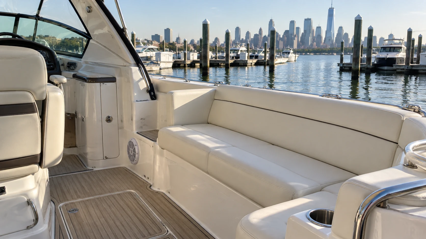 Boat cushion reupholstery NYC: a boat cockpit with freshly recovered cushions at a marina in morning light