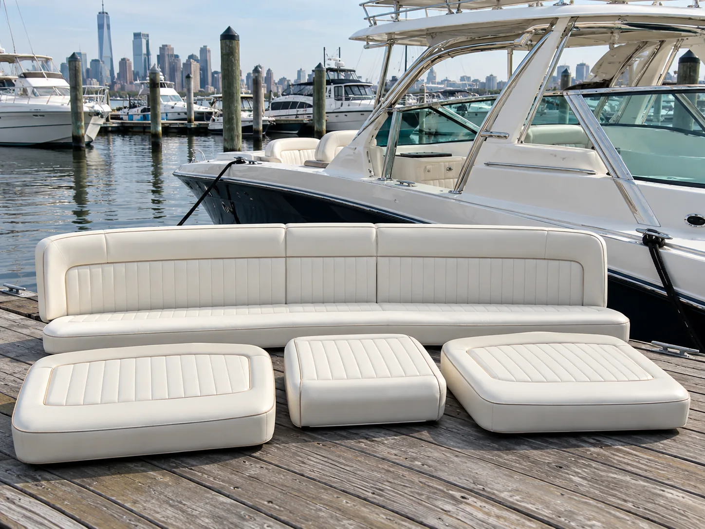 A set of boat bench cushions finished and lined up