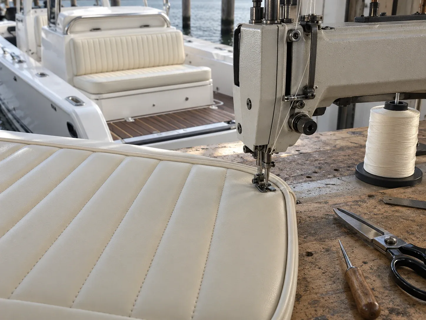 Boat cushion seams being sewn with UV-resistant marine thread