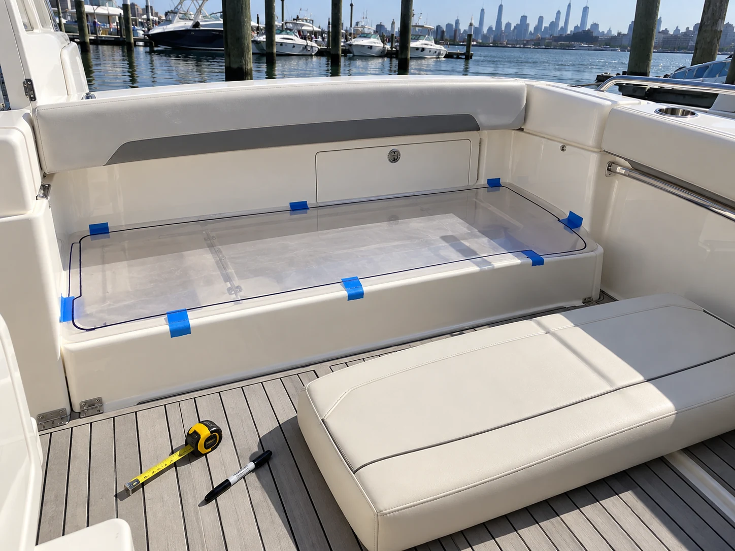 A boat cushion being templated on deck