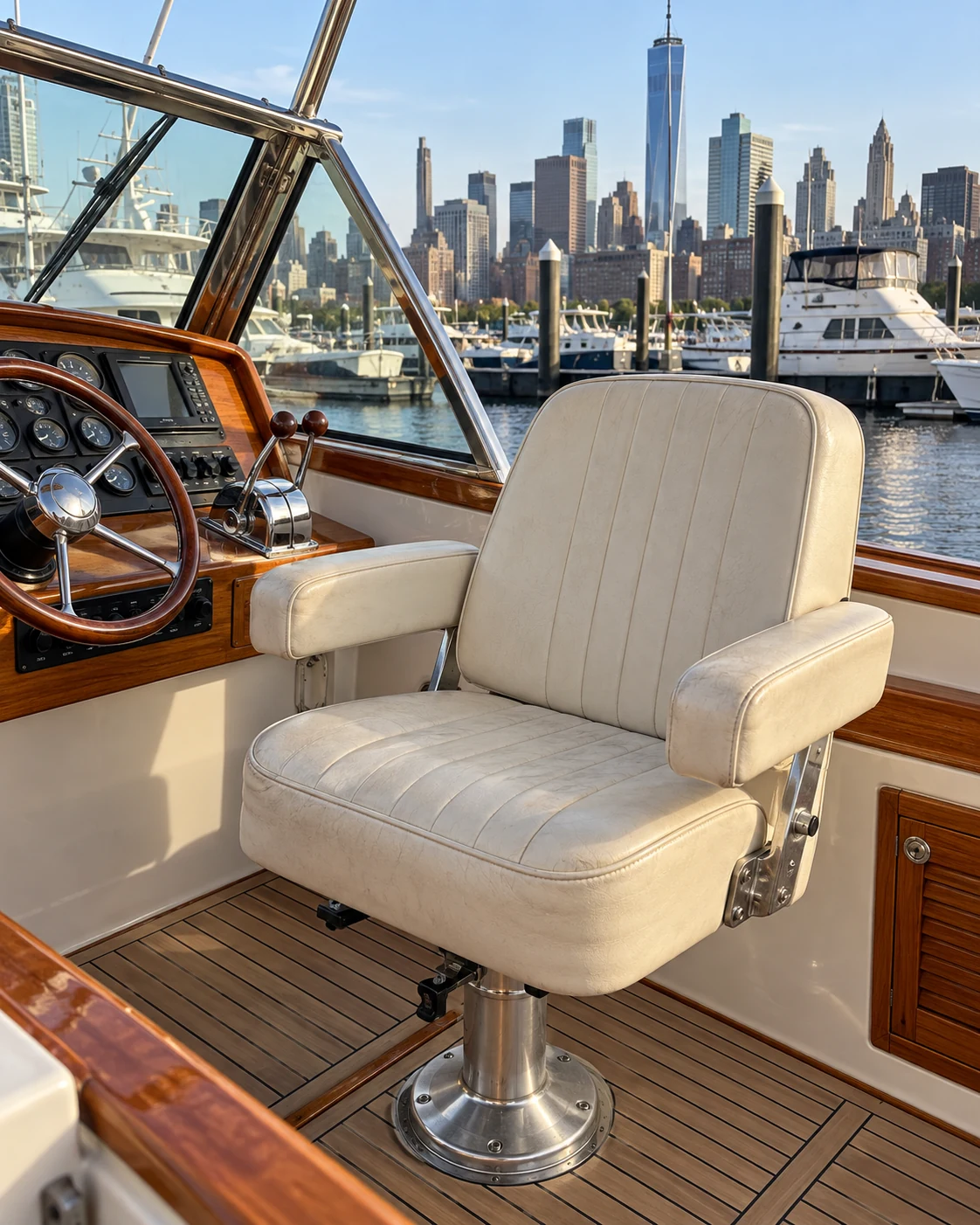 A boat helm seat on its pedestal