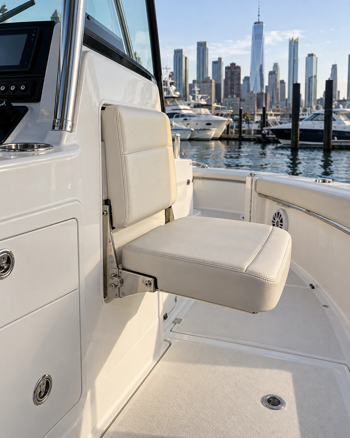 A jump seat folded out beside a boat console