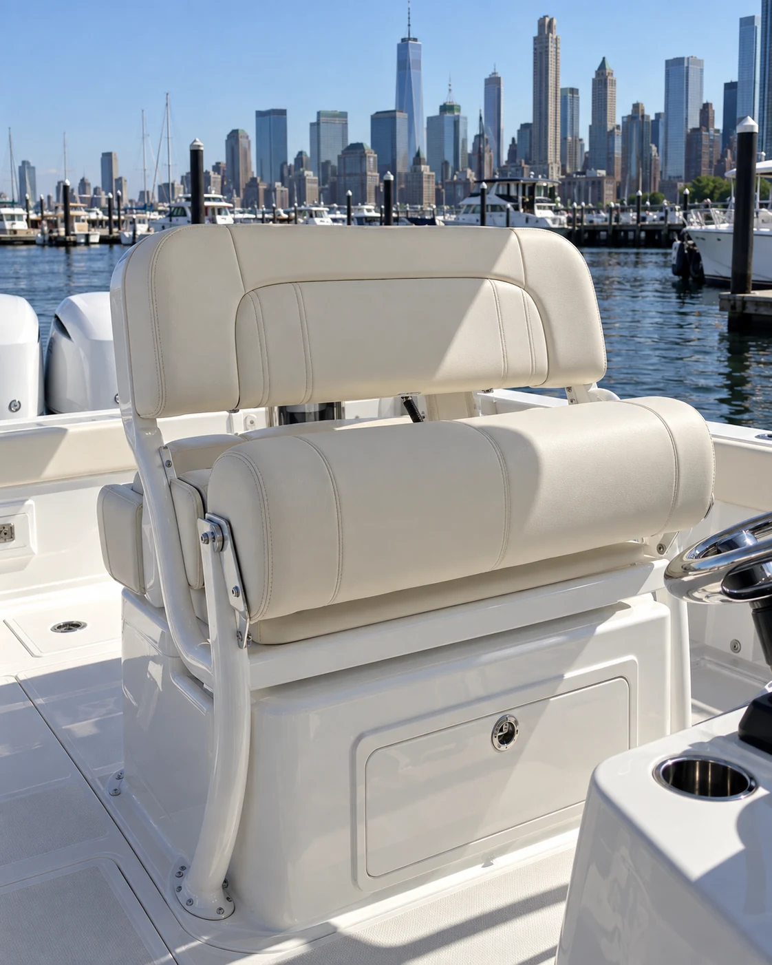 A boat leaning post with backrest and bolster