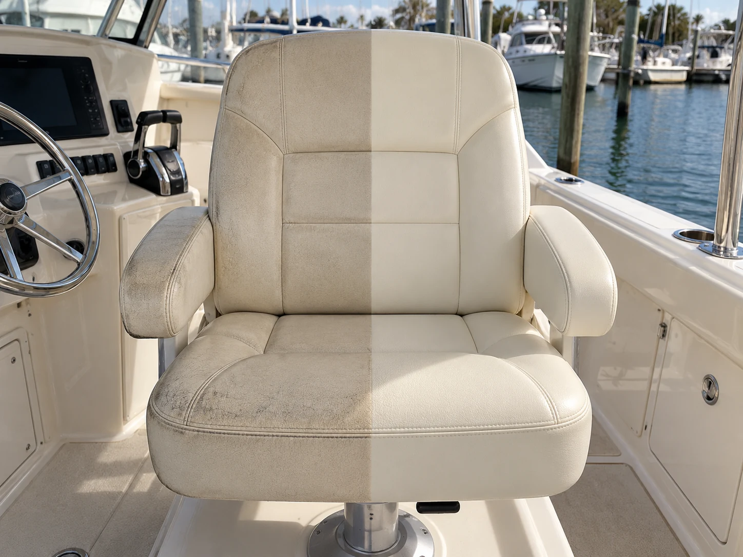 A boat seat half recolored and half still faded