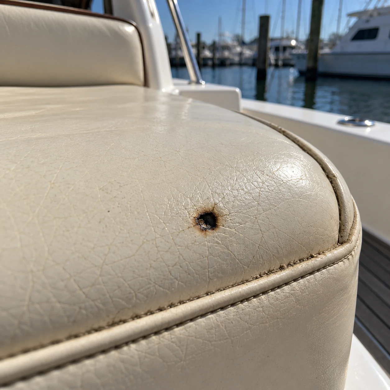 A small burn hole in a cream boat seat cushion