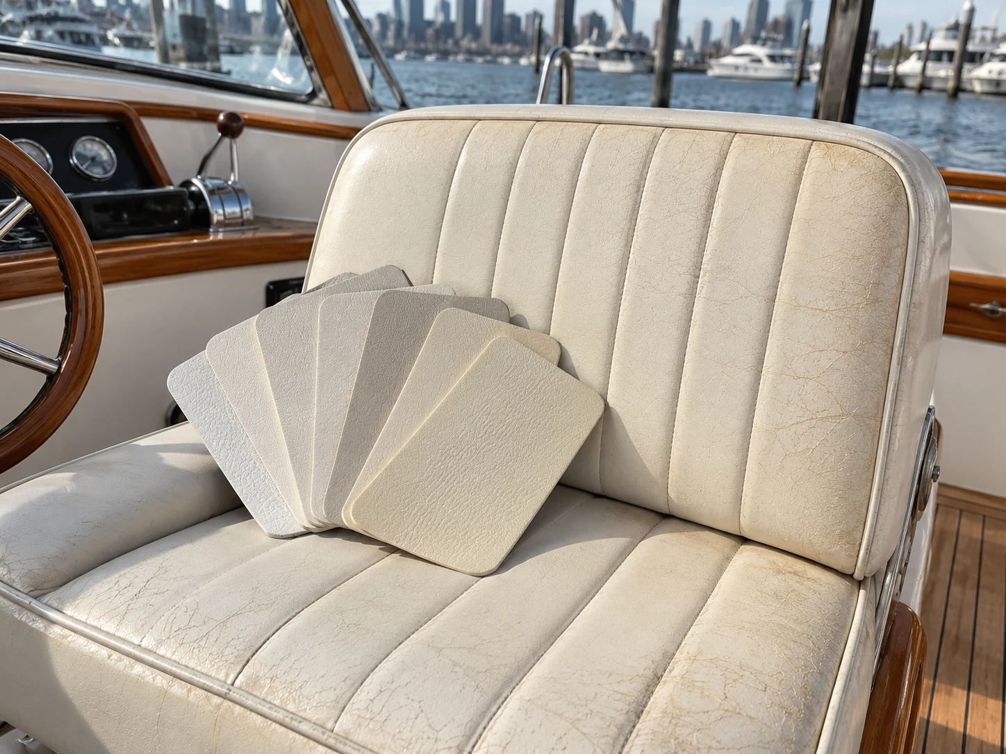 A fan of cream vinyl samples held against a weathered boat seat