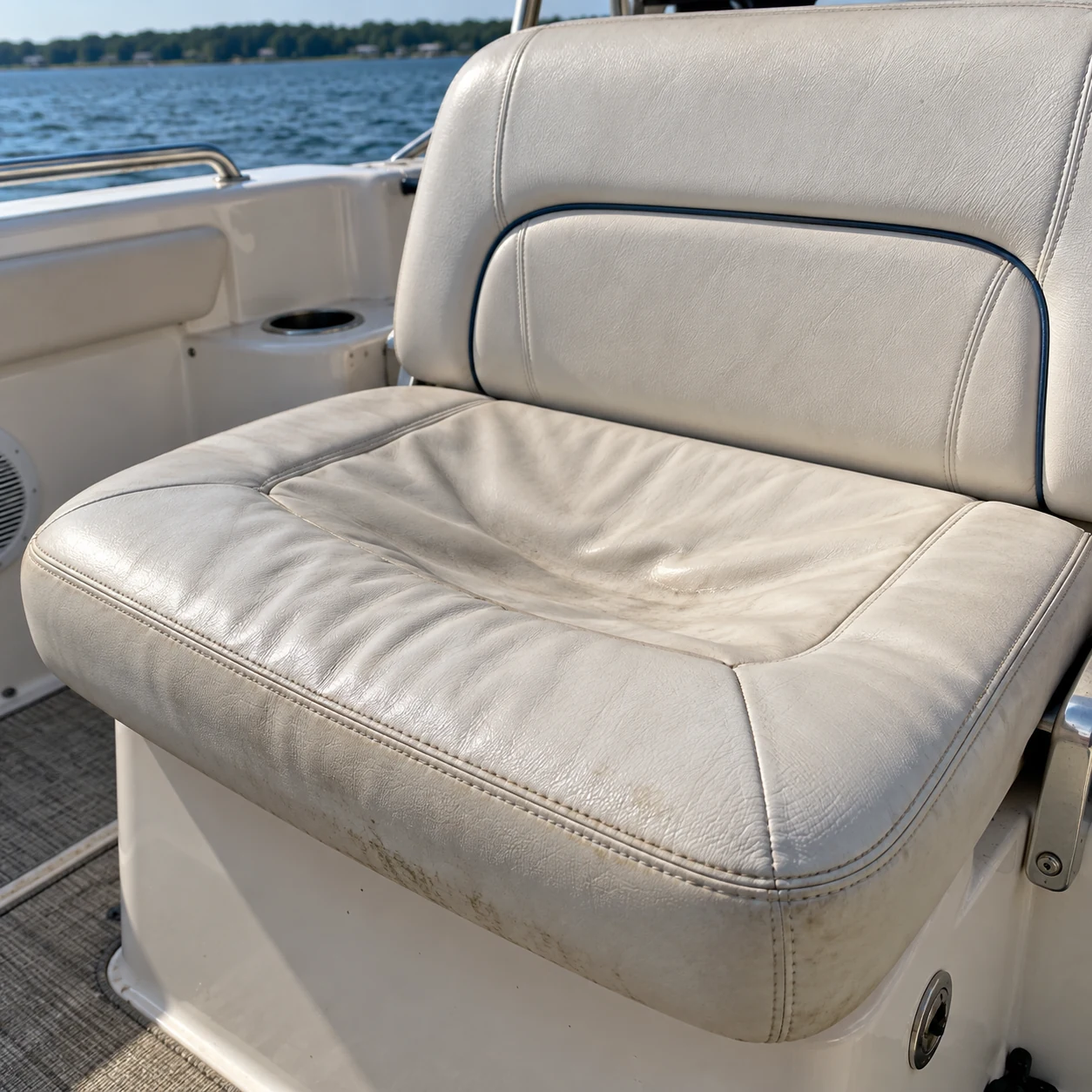 A boat seat whose foam has collapsed under a sound cover