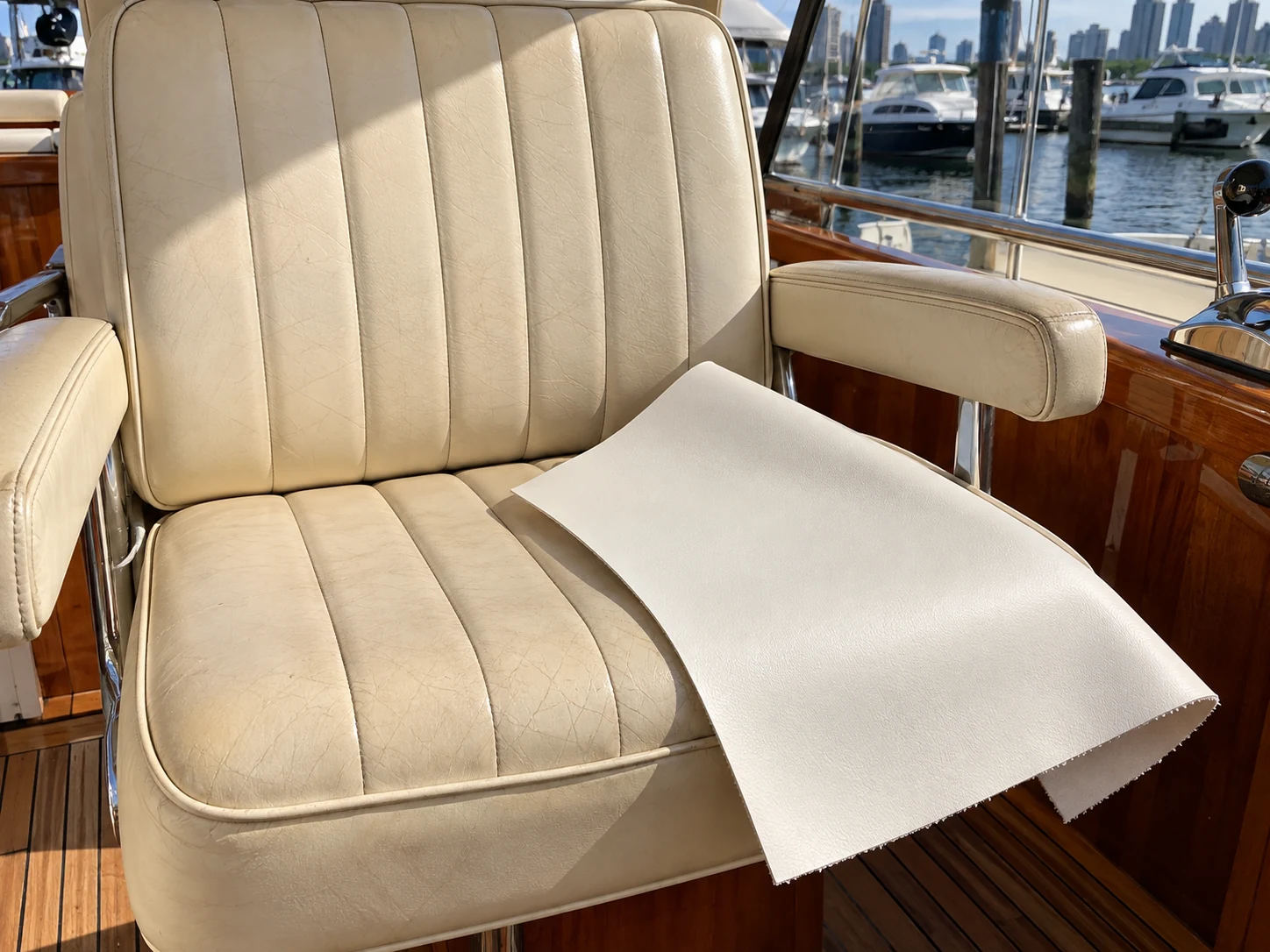 A piece of new cream vinyl laid on an aged cream boat seat, clearly brighter