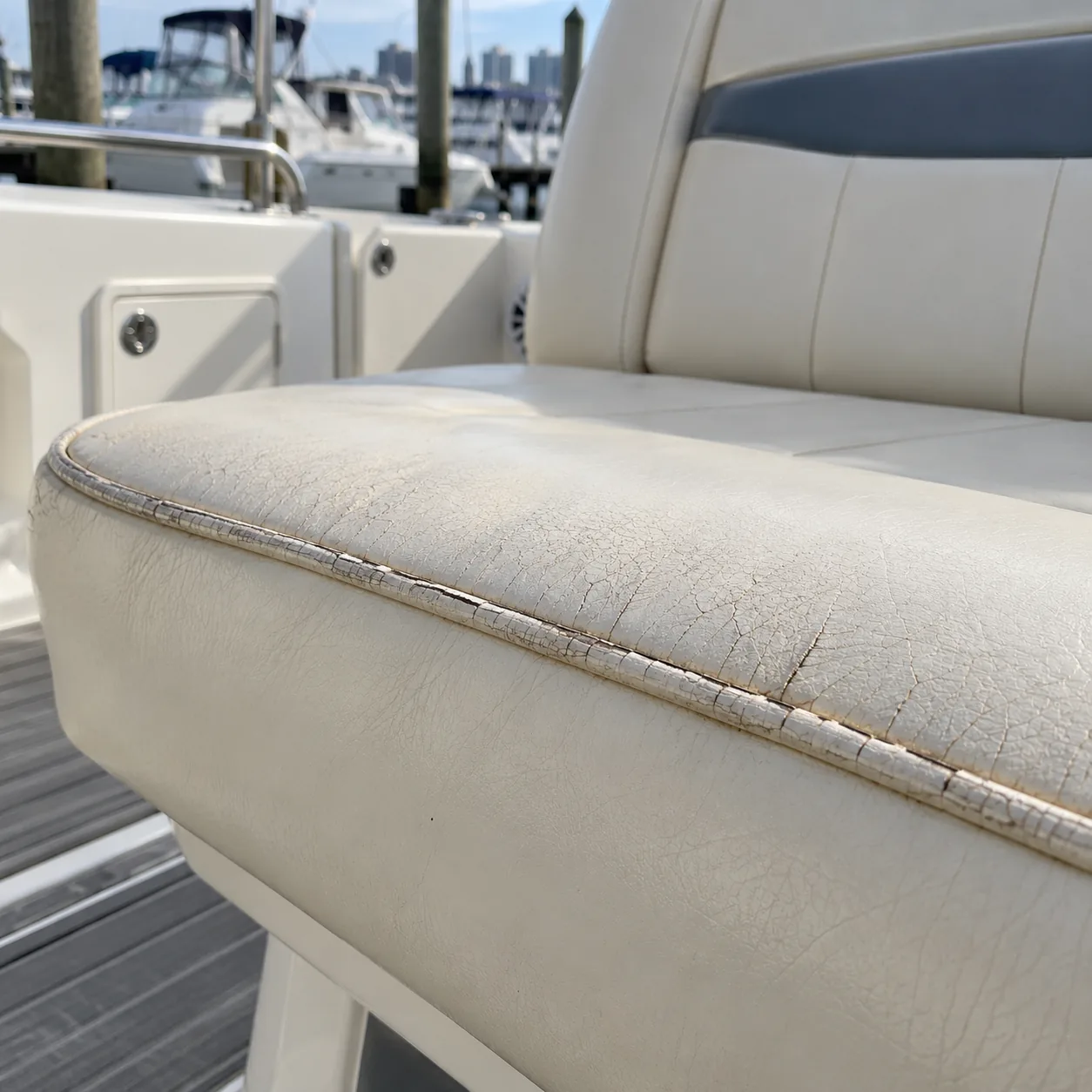 Cracked piping along the front edge of a boat bench cushion